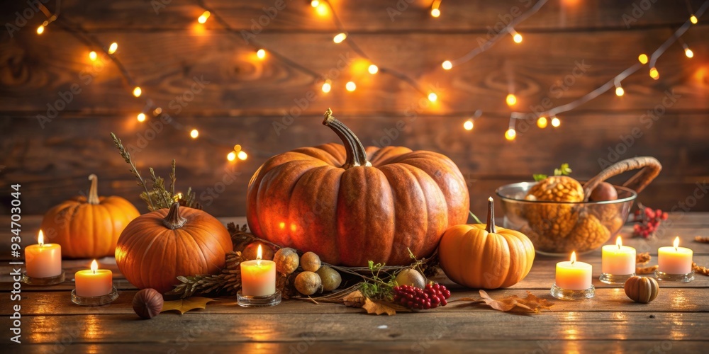 Fototapeta premium Thanksgiving pumpkin centerpiece on rustic table with candles and string lights, Thanksgiving, pumpkins, centerpiece