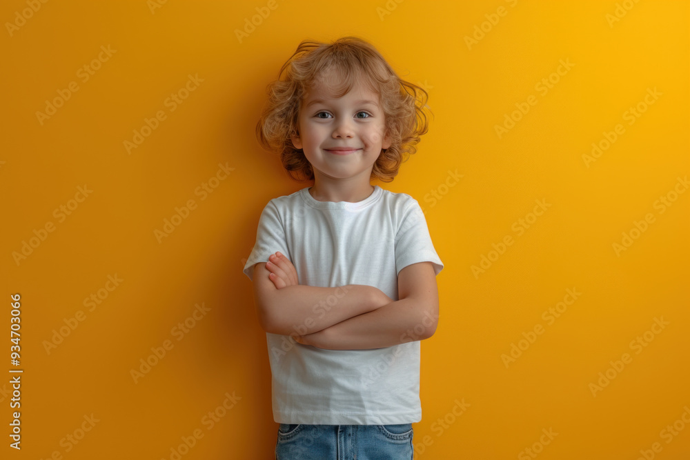 Happy smiling child with curly hair against yellow background Happy smiling child with curly hair against yellow background