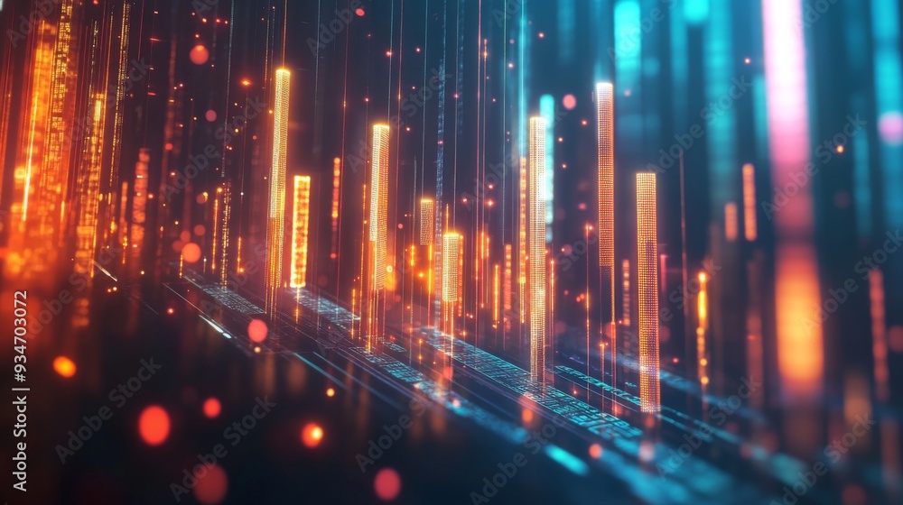 Abstract 3D bar chart floating in a digital space, with glowing data points and vibrant colors illustrating complex metrics Abstract 3D bar chart floating in a digital space, with glowing data points and vibrant colors illustrating complex metrics