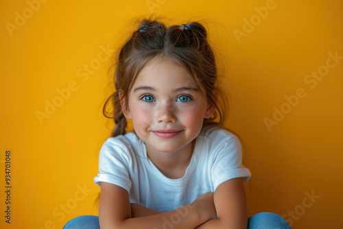 Smiling young girl with blue eyes against yellow background