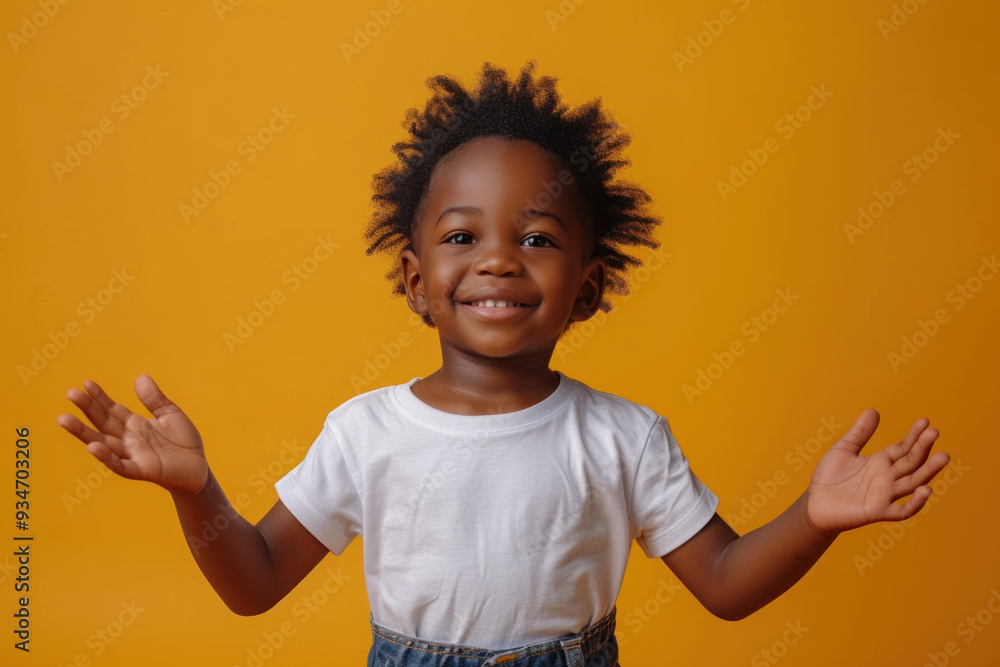 Cheerful young boy smiling with open arms on yellow background Cheerful young boy smiling with open arms on yellow background