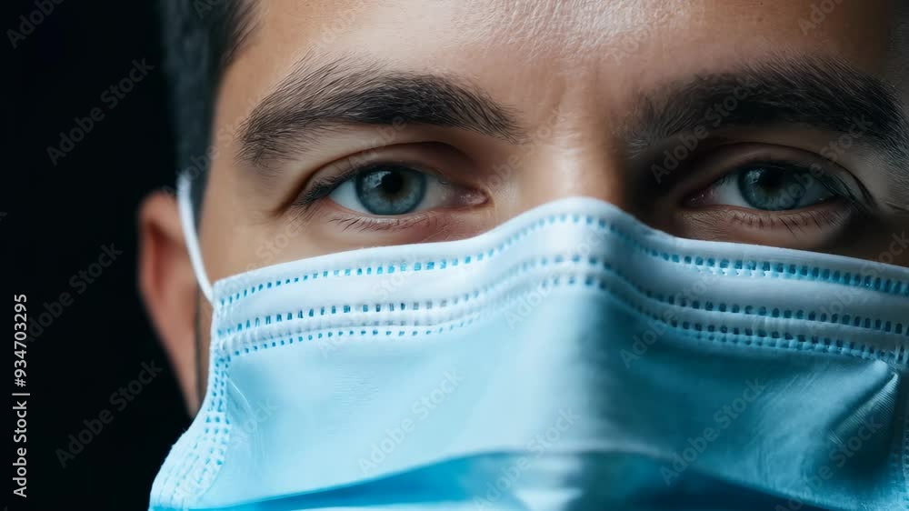A close-up shows a man wearing a face mask, highlighting his focused expression and intense eyes, conveying a sense of determination and resilience in challenging times. A close-up shows a man wearing a face mask, highlighting his focused expression and intense eyes, conveying a sense of determination and resilience in challenging times.