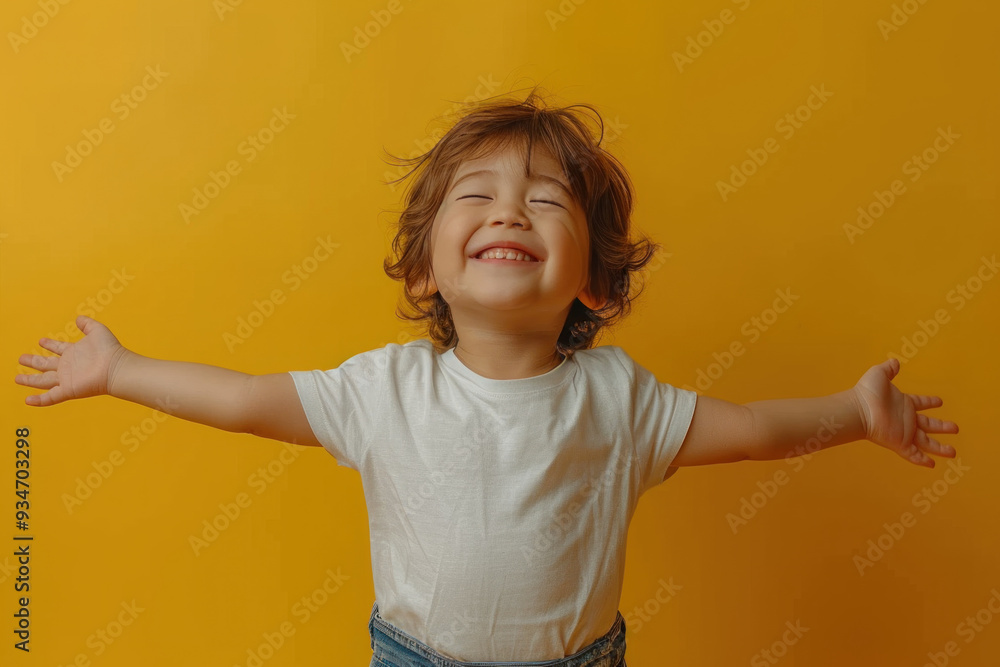 Joyful child with outstretched arms on bright yellow background Joyful child with outstretched arms on bright yellow background