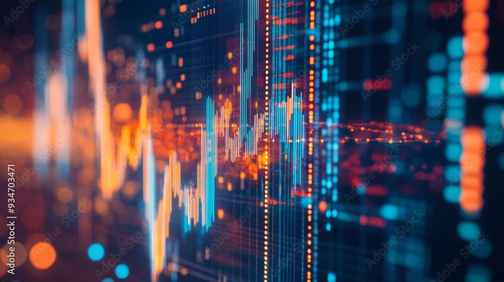 Abstract representation of stock market graphs with digital data overlays, showing both bullish and bearish trends Abstract representation of stock market graphs with digital data overlays, showing both bullish and bearish trends