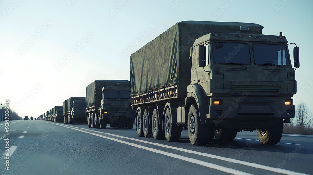 Obraz premium Military truck convoy Rolls across open blue sky highway