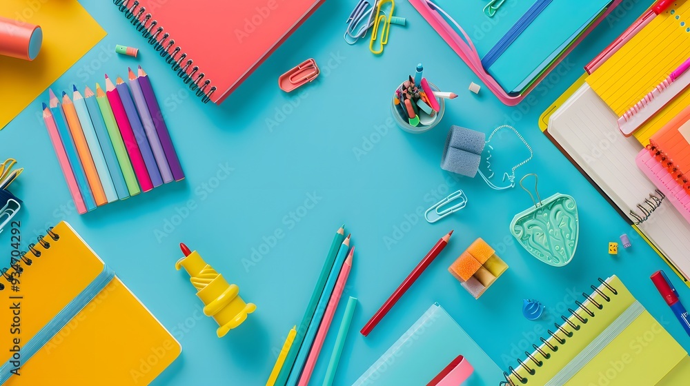Flat lay colorful school supplies on blue background. Back to school concept. Top view, overhead. Flat lay colorful school supplies on blue background. Back to school concept. Top view, overhead.