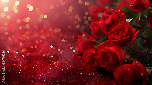 many beautiful red roses on glitter background ,Red roses on wooden table with bokeh background ,Red roses with rose petals and candles ,Close up of red roses bouquet on blurred sparkling backdrop