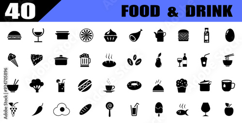 Food and drink icons set. black flat nutrition icons.