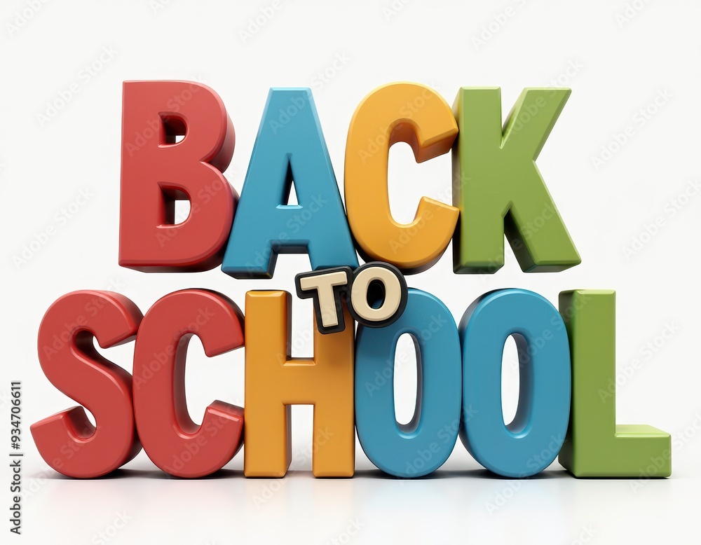 Colorful 3D text reading 'Back to School' against a plain white background. Colorful 3D text reading 'Back to School' against a plain white background.