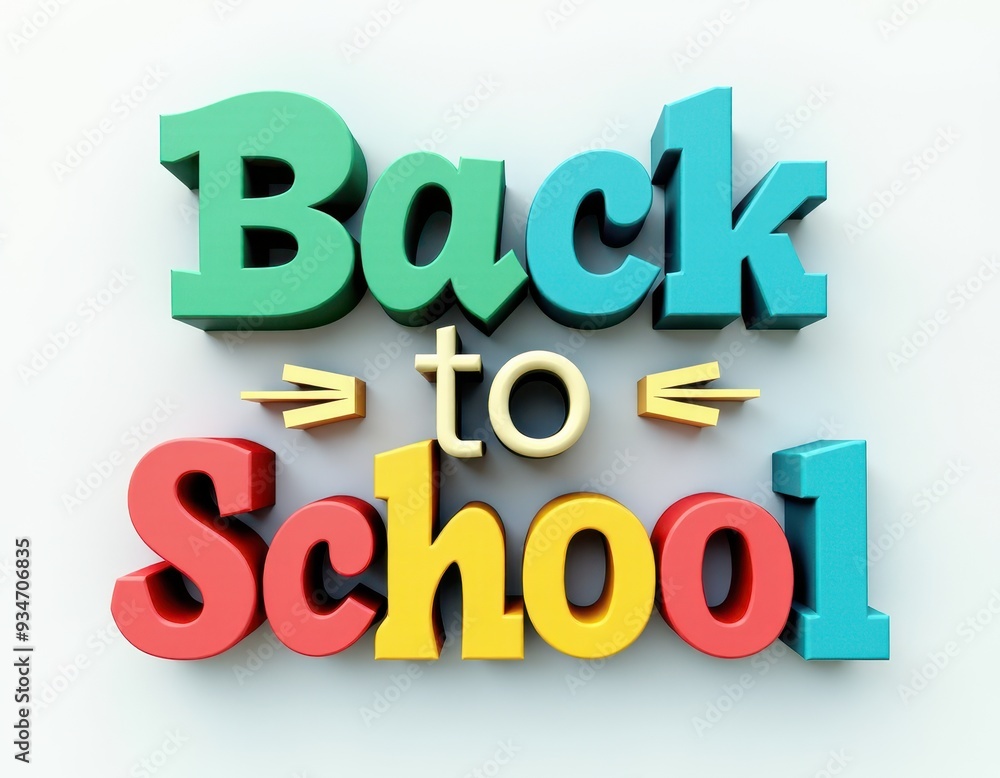 Colorful 3D text saying 'Back to School' in vibrant green, blue, red, and yellow letters. Colorful 3D text saying 'Back to School' in vibrant green, blue, red, and yellow letters.