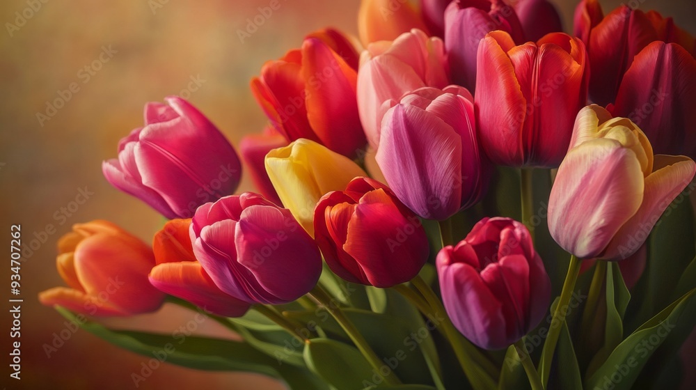 Close-up of a bunch of tulips with rich, vibrant colors and soft lighting, focusing on their graceful shapes and textures Close-up of a bunch of tulips with rich, vibrant colors and soft lighting, focusing on their graceful shapes and textures