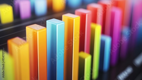 Close-up of a 3D bar chart on a computer screen, with colorful bars rising and falling, representing dynamic data trends