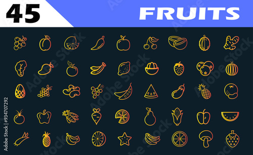 Foto fruits thin line web icon set. gold lines sign.
