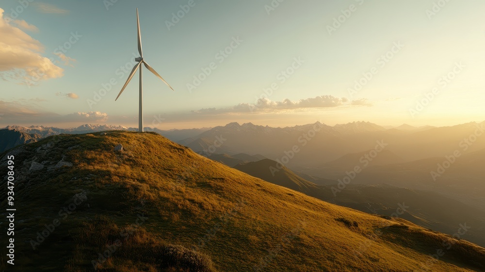 Wind Turbine on a Mountain at Sunset with Scenic Landscape and Golden Light Wind Turbine on a Mountain at Sunset with Scenic Landscape and Golden Light