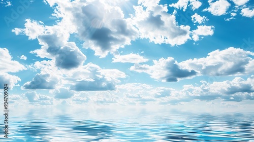 The Serene Blue Sky, White Clouds and Water Surface Reflection Background: A Tranquil Visual Oasis.