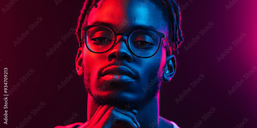 The retro wave or synth wave portrait of a young happy serious african man at studio. High Fashion male model in colorful bright neon lights posing on black background. The retro wave or synth wave portrait of a young happy serious african man at studio. High Fashion male model in colorful bright neon lights posing on black background.