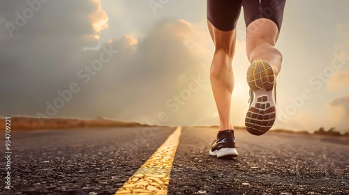 Athlete runner feet running on road