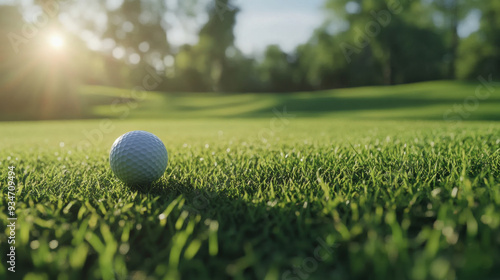 The golf ball is on a green lawn in a beautiful golf course with morning sunshine.