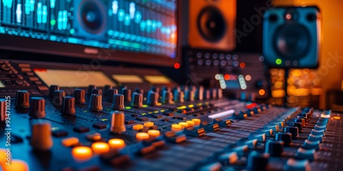 Close-up of a Sound Mixing Board with Illuminated Buttons