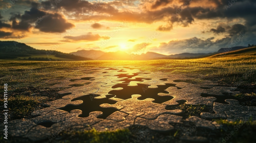 Obraz premium Sunset Over a Grass Field with Puzzle Pieces on the Ground, Symbolizing Connection and Mystery