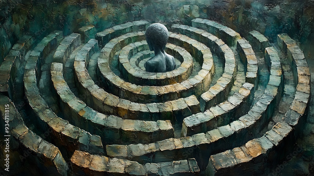 Labyrinth of Mind An abstract depiction of a mind trapped within a complex twisting labyrinth The walls of the labyrinth are made of shifting distorted patterns and colors Labyrinth of Mind An abstract depiction of a mind trapped within a complex twisting labyrinth The walls of the labyrinth are made of shifting distorted patterns and colors