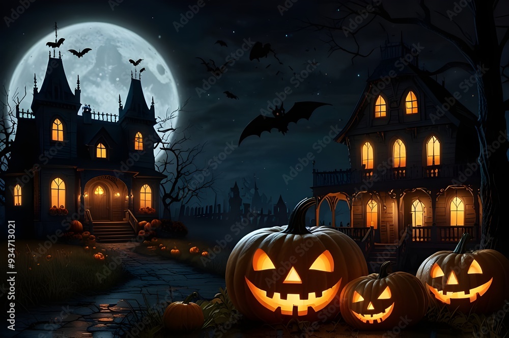 A haunted house decorated with pumpkin heads for Halloween A haunted house decorated with pumpkin heads for Halloween