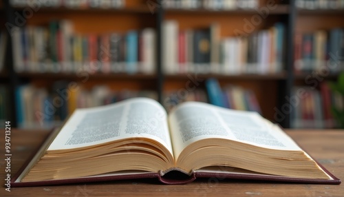 Open book on a wooden table in a cozy, well-stocked library with blurred bookshelves in the background.