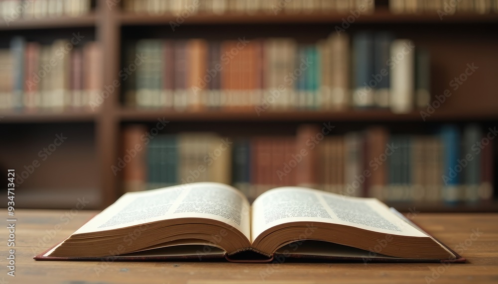 Open book on a wooden table in a library with blurred shelves in the background. Open book on a wooden table in a library with blurred shelves in the background.
