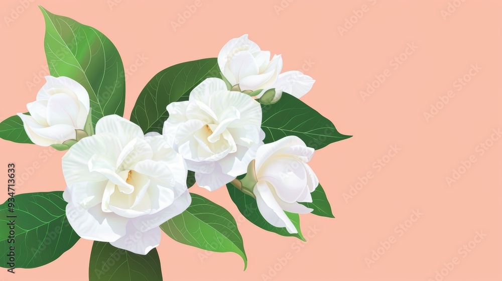 Fototapeta premium A beautiful arrangement of white gardenias with lush green leaves on a soft peach background, capturing the elegance and delicate nature of these flowers, copy space
