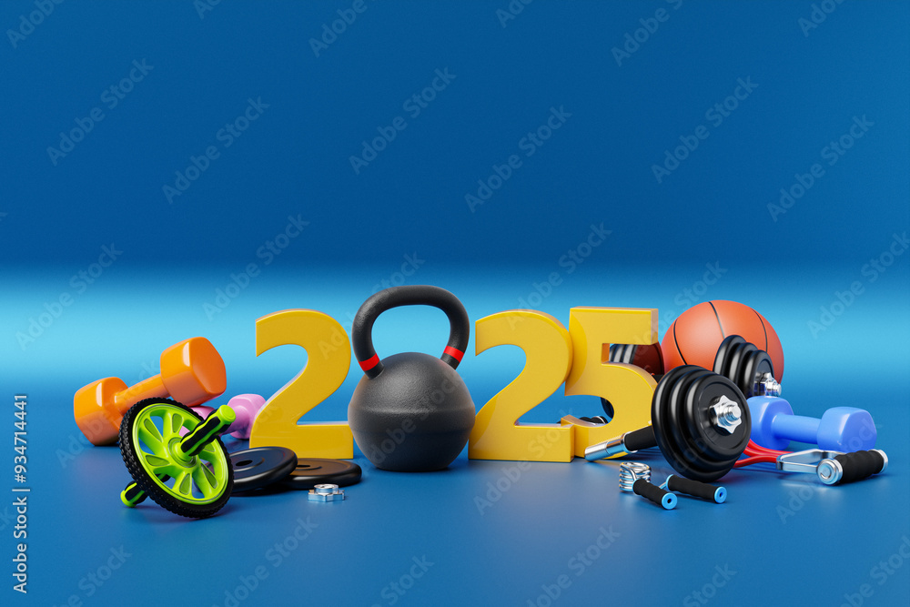 Fototapeta premium 3d illustration of design happy new year 2024 and sports equipment, weight. Sport happy new year banner