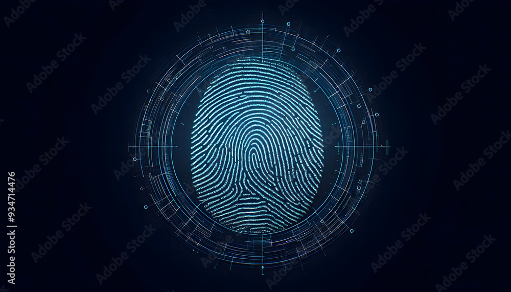 Image of a digital fingerprint appearing on the surface of a computer circuit. which glows with blue light This fingerprint is a symbol of identity verification or biometrics. Image of a digital fingerprint appearing on the surface of a computer circuit. which glows with blue light This fingerprint is a symbol of identity verification or biometrics.