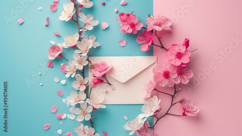 Beautiful flowers and paper vintage envelope on pink and blue background photo