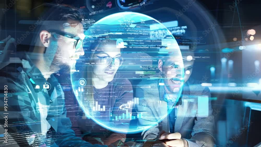 Three professionals collaborating over digital data analysis with a futuristic interface showcasing global insights. Three professionals collaborating over digital data analysis with a futuristic interface showcasing global insights.