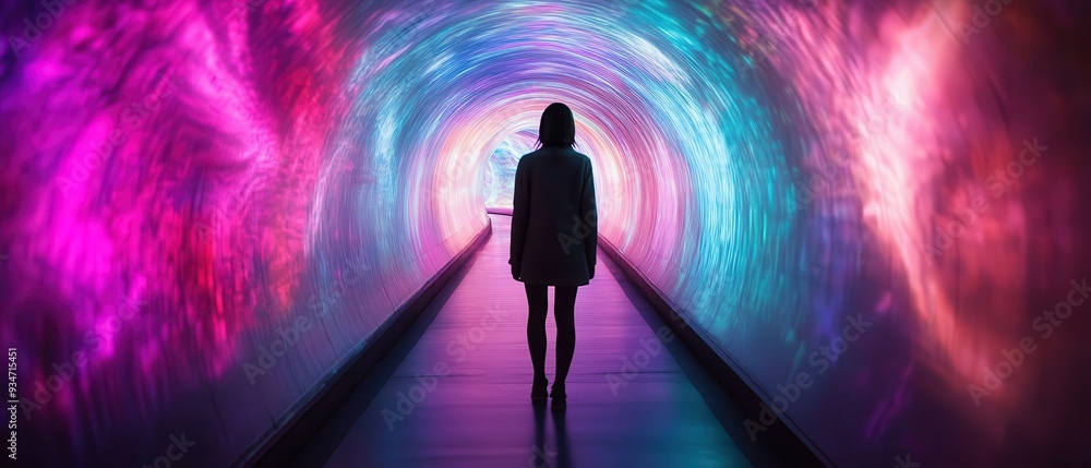 Silhouette of a Person Walking Through a Vibrant, Colorful Tunnel with Abstract Light Patterns Silhouette of a Person Walking Through a Vibrant, Colorful Tunnel with Abstract Light Patterns