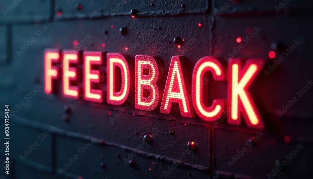 Glowing red 'FEEDBACK' sign on a dark textured brick wall. Glowing red 'FEEDBACK' sign on a dark textured brick wall.