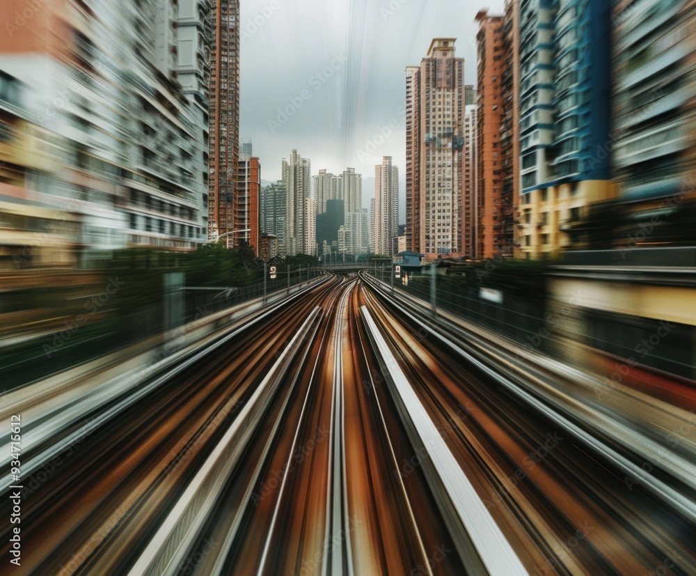 Fototapeta premium Photograph of a view from a train window, in a large city with buildings on both sides of the tracks