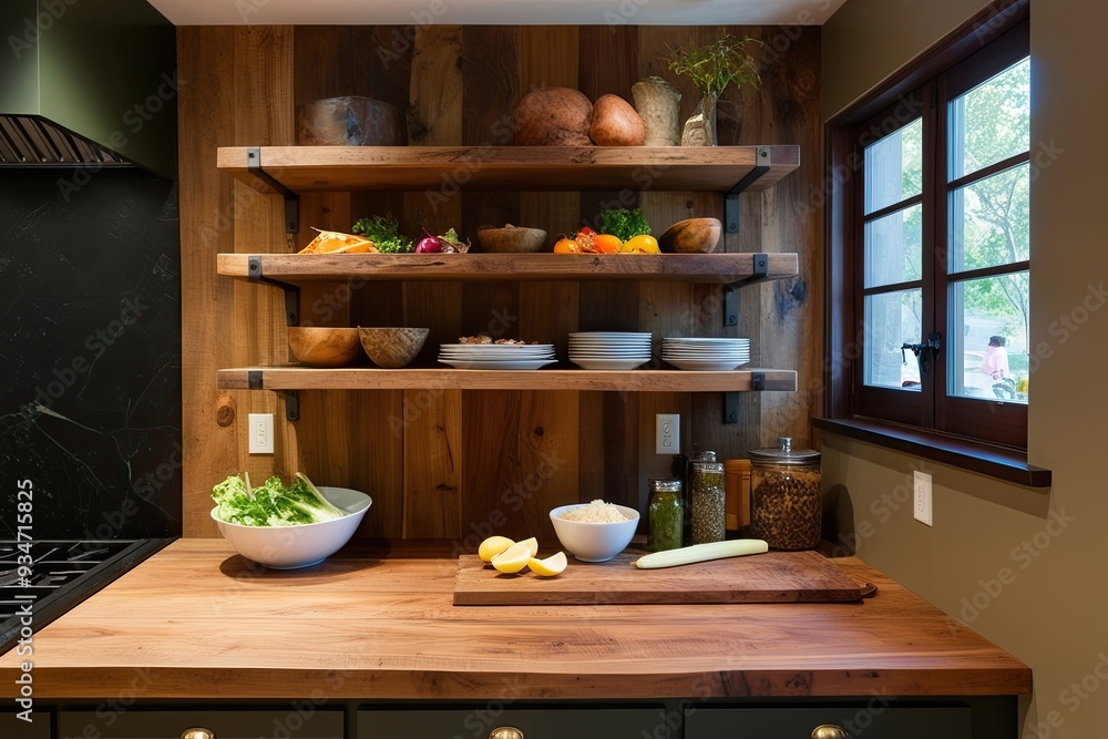 Rustic Wood Surface and Decorative Shelf in Bright Earthy Meal Prep Kitchen Rustic Wood Surface and Decorative Shelf in Bright Earthy Meal Prep Kitchen