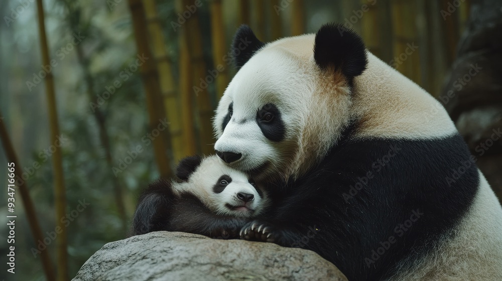 Tender Moment Between Mother and Baby Panda in a Tranquil Bamboo Forest. The Mother Panda Gently Embraces Her Peaceful Baby Tender Moment Between Mother and Baby Panda in a Tranquil Bamboo Forest. The Mother Panda Gently Embraces Her Peaceful Baby