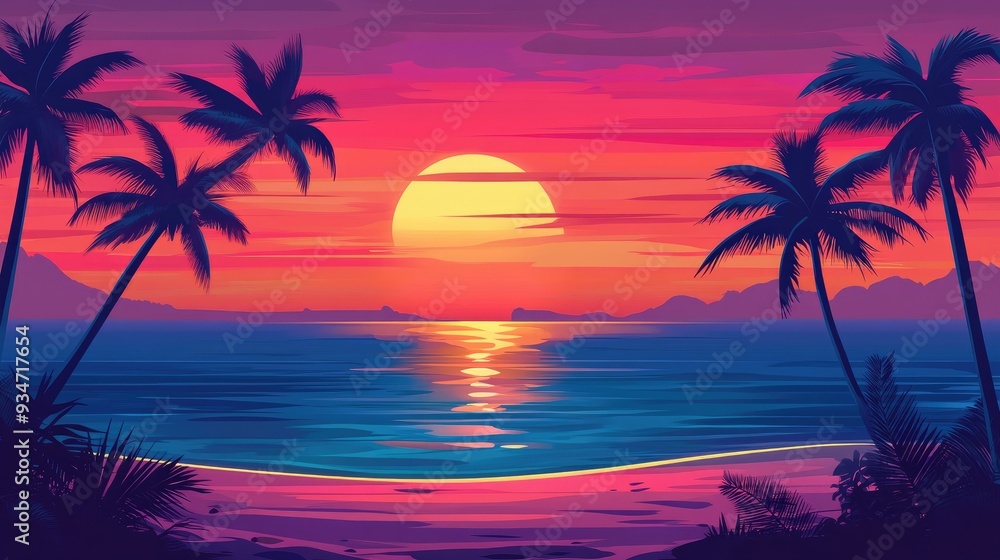 Naklejka premium Beautiful view tropical coast with palm trees and sandy beach at sunset