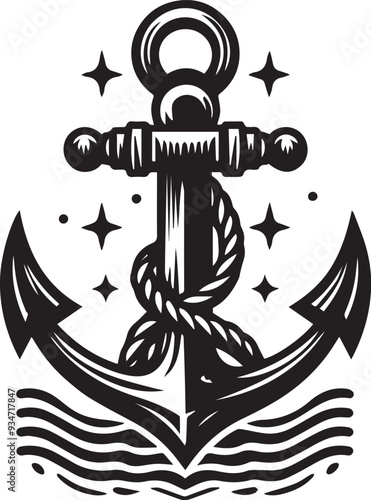 Minimalist Nautical Anchor with Stars and Waves  Vector Art