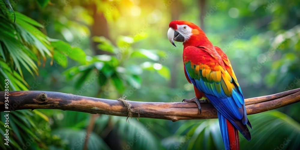Colorful macaw parrot perched on a branch in tropical rainforest, macaw, parrot, colorful, tropical, rainforest, bird, feathers Colorful macaw parrot perched on a branch in tropical rainforest, macaw, parrot, colorful, tropical, rainforest, bird, feathers
