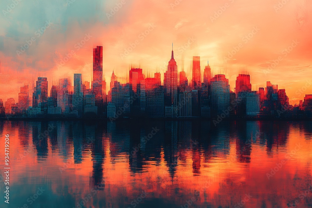 Obraz premium Retrofuturistic Skyline Abstract abstract art piece depicting retrofuturistic skyline where building made of geometric pattern palette of faded peach muted teal rusted copper Neon accent hot pink