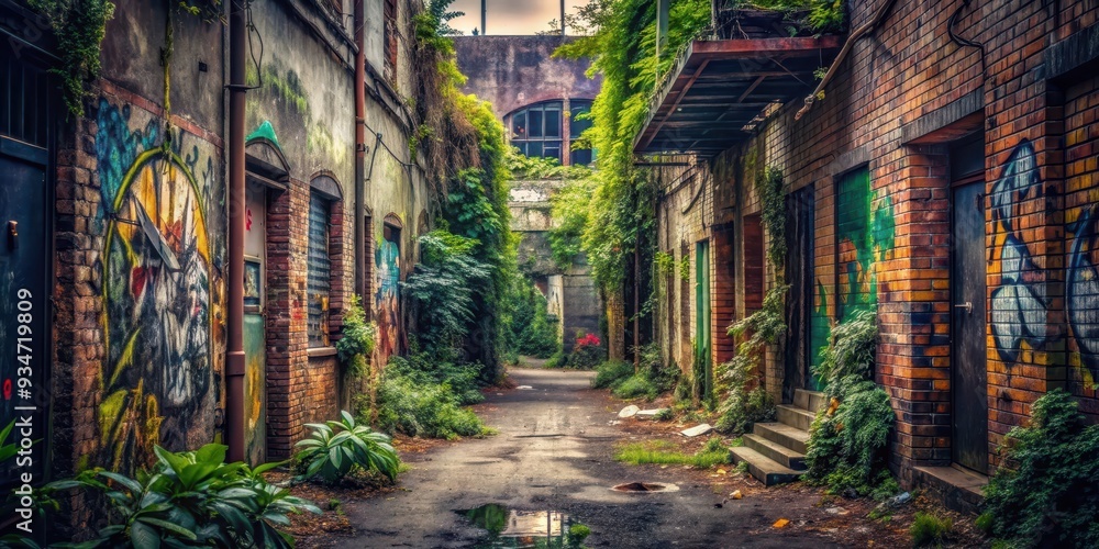 Fototapeta premium Spooky abandoned alley with graffiti covered walls and overgrown plants , urban, dark, eerie, creepy, mysterious