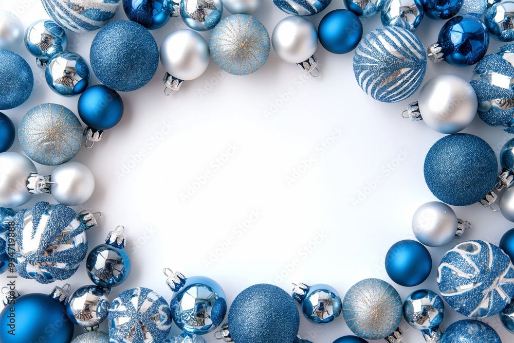 Blue and silver Christmas ornaments on white background Blue and silver Christmas ornaments on white background
