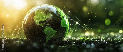 Fototapeta Naklejka Na Ścianę i Meble -  Stunning Digital Representation of Earth with Glowing Green Connections and Natural Background