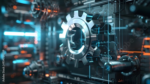 Gears icon on screen. Business and industrial process automation RPA Technology concept.