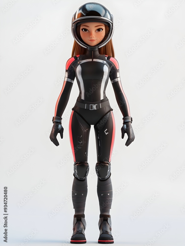 3D animated full body render of a young female stuntwoman in a protective outfit with a helmet and pads striking an action pose and showcasing her athletic abilities and professional skills 3D animated full body render of a young female stuntwoman in a protective outfit with a helmet and pads striking an action pose and showcasing her athletic abilities and professional skills