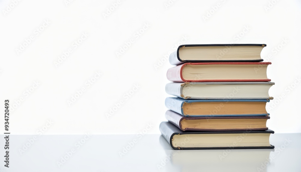 A neatly stacked pile of hardcover books on a white background, evoking a sense of knowledge and learning. A neatly stacked pile of hardcover books on a white background, evoking a sense of knowledge and learning.