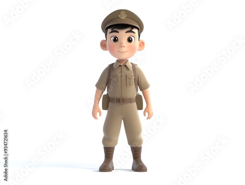 Courageous Young Soldier in Uniform Stands Tall and Ready for Battle 3D Animation of a Full Body Boy in a Soldier Outfit Isolated on a White Background