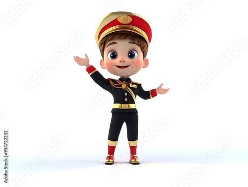 3D rendered full body animation of a young boy in a formal musician s uniform standing centered and isolated on a plain white background with no shadows or additional elements photo